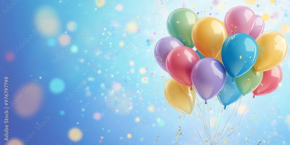 A bunch of colorful balloons floating in the air. The balloons are in various colors, including blue, pink, yellow, and green. Concept of celebration and joy A bunch of colorful balloons floating in the air. The balloons are in various colors, including blue, pink, yellow, and green. Concept of celebration and joy