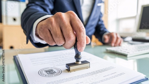 Official Document Stamping - Legal Approval. A businessman applies a official stamp to a legal document, signifying approval and validation. This image captures the essence of legal processes. 