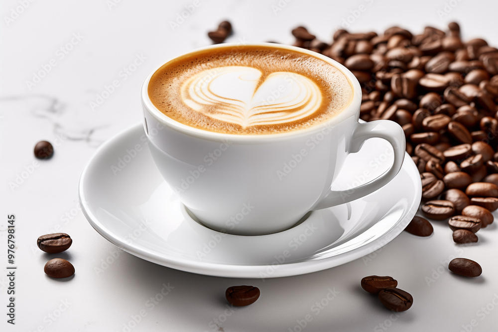 Fototapeta premium coffee bean and coffee cup in the white background. top view