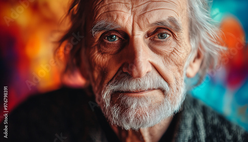 Elderly Caucasian man with deep wrinkles and a thoughtful expression, against a vibrant, colorful background. photo