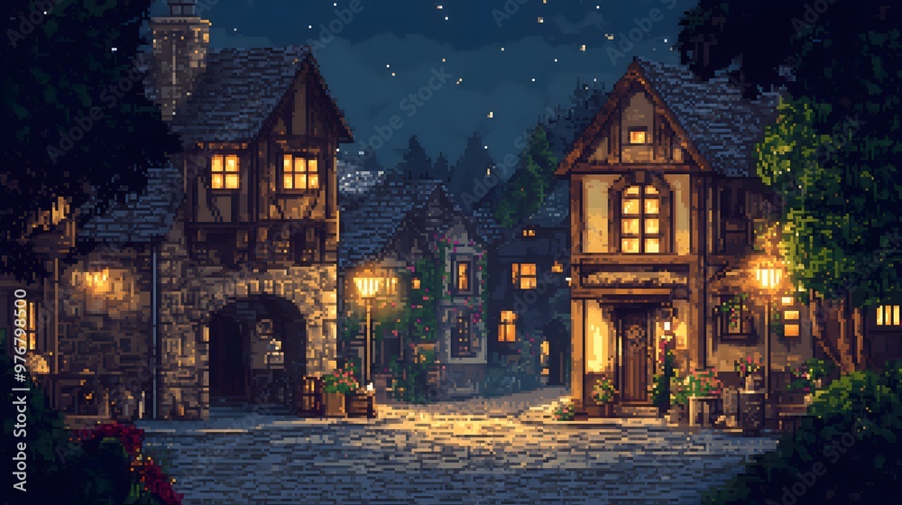 Pixel art landscape showing a bustling medieval town with pixelated stone buildings and cobblestone streets, warm, glowing street lamps, detailed 8-bit textures with a nostalgic atmosphere, lively Pixel art landscape showing a bustling medieval town with pixelated stone buildings and cobblestone streets, warm, glowing street lamps, detailed 8-bit textures with a nostalgic atmosphere, lively