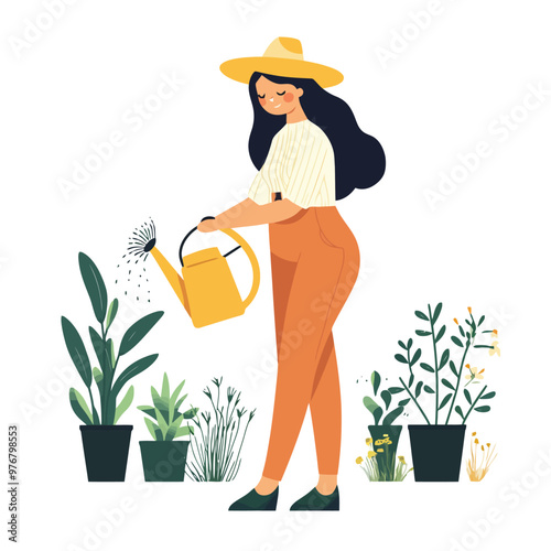 Woman watering plants in garden