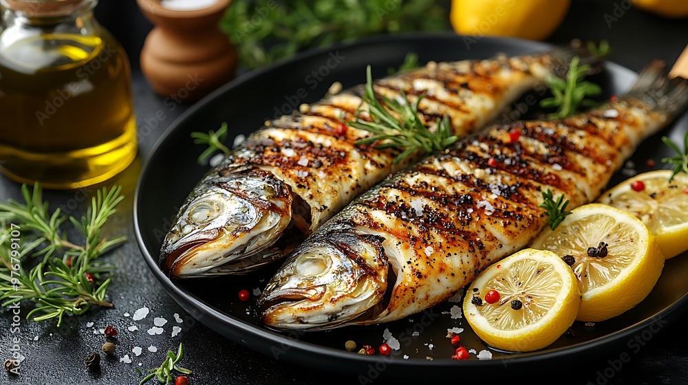 Grilled fish served with lemon and herbs on a black plate.