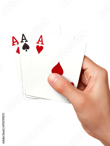 A hand holding winning playing cards, featuring two aces. Perfect for gambling and game-related imagery. photo