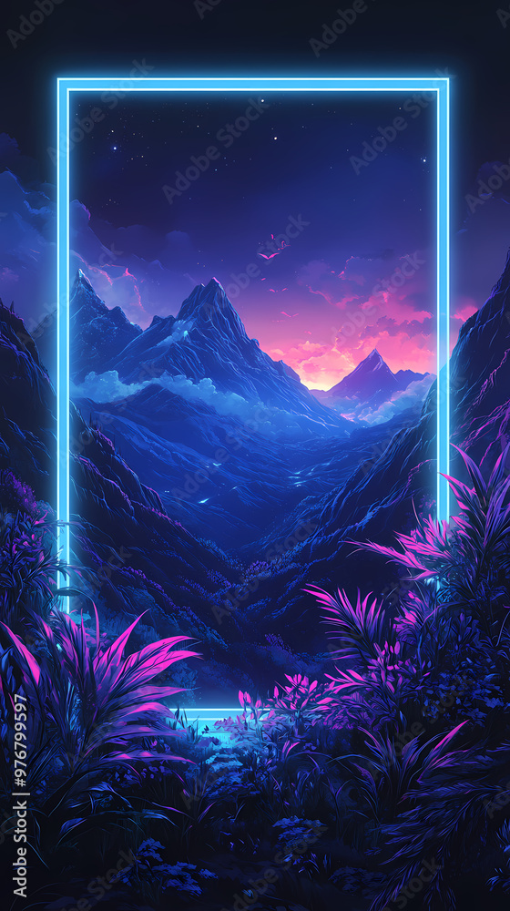 Obraz premium Virtual mountain landscape under neon light frame