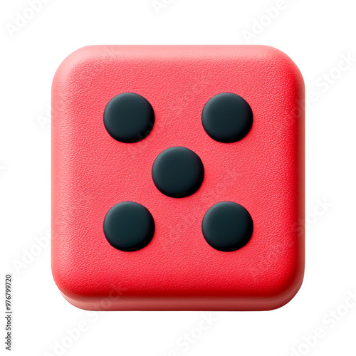 A vibrant red die showing five pips, perfect for game-related imagery and playful concepts in design and marketing. photo