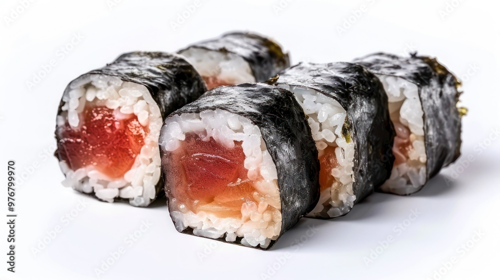 Maki sushi roll bundle, raw fish and vegetable filling, rice and rolled by seaweed, isolated on a white background Maki sushi roll bundle, raw fish and vegetable filling, rice and rolled by seaweed, isolated on a white background
