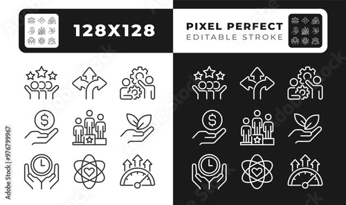 Teamwork organization pixel perfect linear icons set for dark, light mode. Workflow management. Time saving. Thin line symbols for night, day theme. Isolated illustrations. Editable stroke