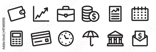 A collection of finance and business icons in a simple outline style. Includes wallet, chart, coins, and other financial symbols. Vector illustration.