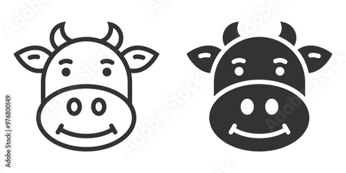 Cute cow face icon in outline and solid styles. Perfect for agriculture, dairy, or farm-related themes. Vector illustration.