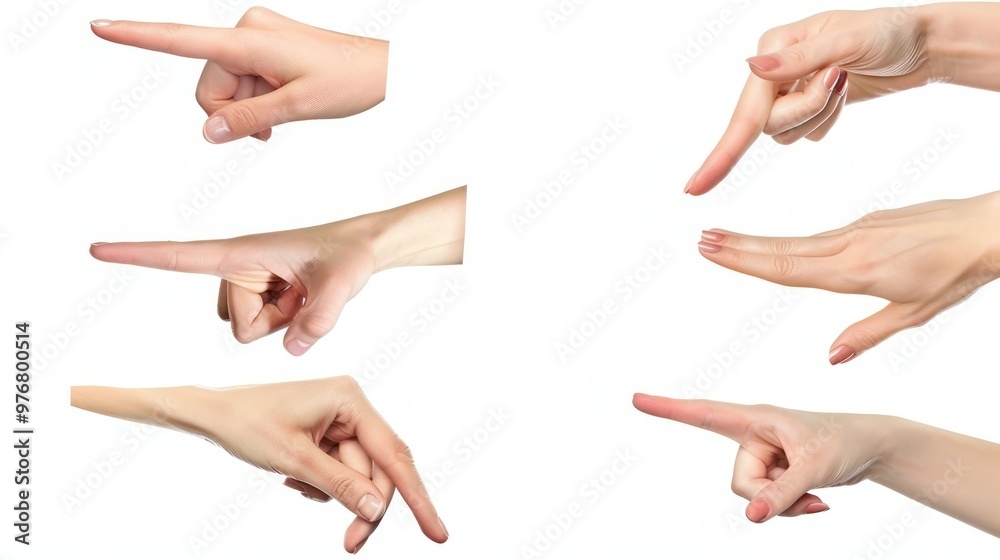 female hand touching or pointing to something set isolated on white background female hand touching or pointing to something set isolated on white background