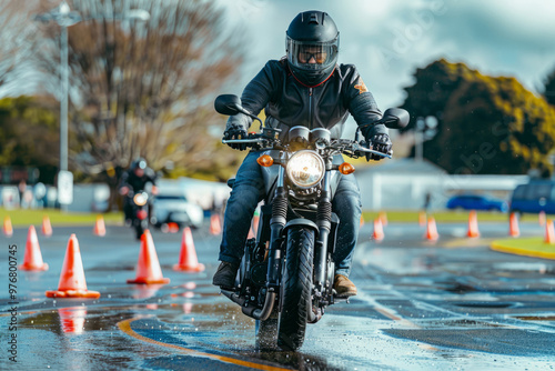 Biker riding motorcycle during safety course training on wet road