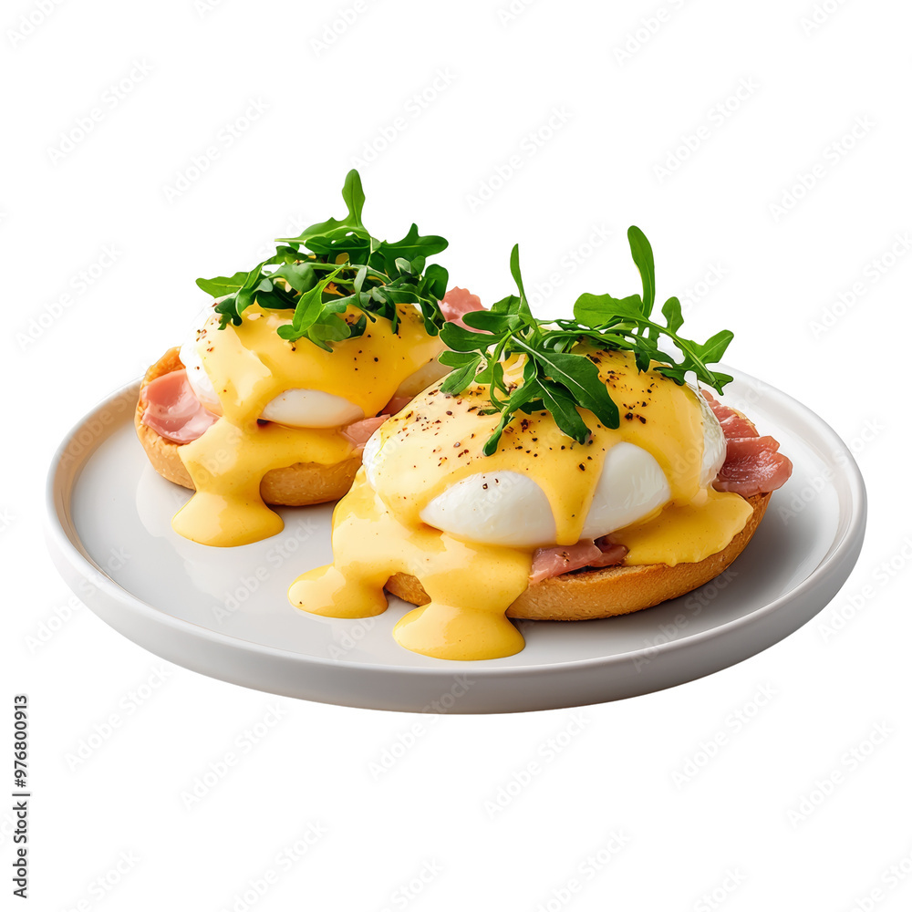 Delicious eggs benedict with hollandaise sauce on a plate Delicious eggs benedict with hollandaise sauce on a plate