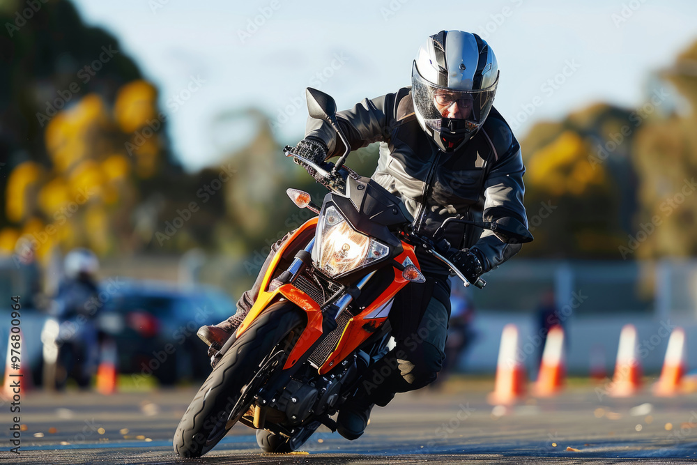 Motorcycle rider leaning into turn on wet track during driving course Motorcycle rider leaning into turn on wet track during driving course
