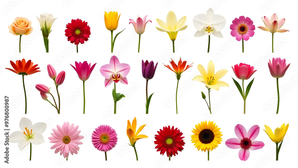 Diverse Collection of Flower Stems Isolated on White - Floral Design Elements Diverse Collection of Flower Stems Isolated on White - Floral Design Elements