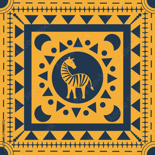 Vintage vector African tribal style seamless pattern with wild animal frame design with yellow, blue ornament, perfect for textile, fabric, wallpaper and print design.