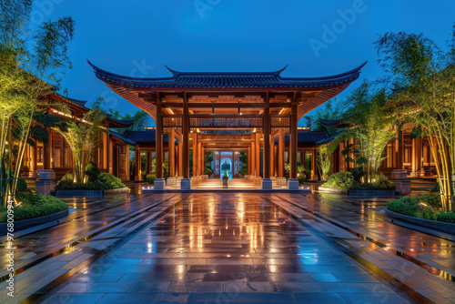 At night, the gatehouse of a residential community