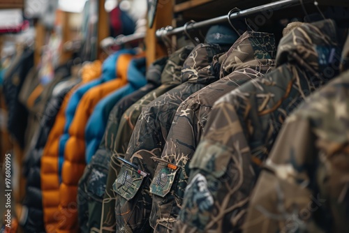 Camouflage jackets hanging in a hunting and fishing store