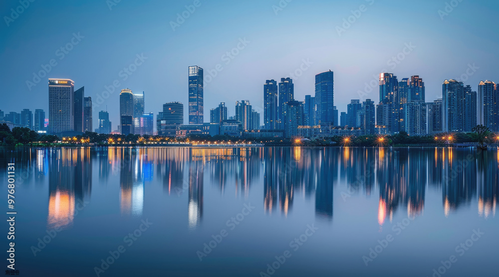 At night, the city's high-rise buildings by the lake At night, the city's high-rise buildings by the lake