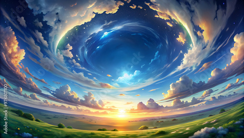 Anime style HDR sky map with a 360 degree view for virtual environments , anime, HDR, sky map, 360 degree photo