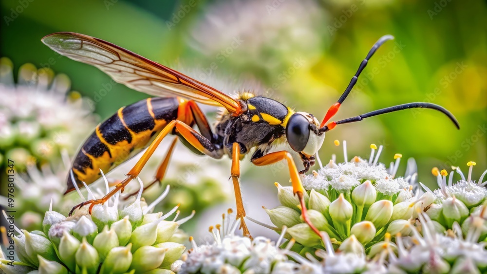 The scorpion wasp perched delicately on a flower, its slender body undulating softly in the breeze as it The scorpion wasp perched delicately on a flower, its slender body undulating softly in the breeze as it