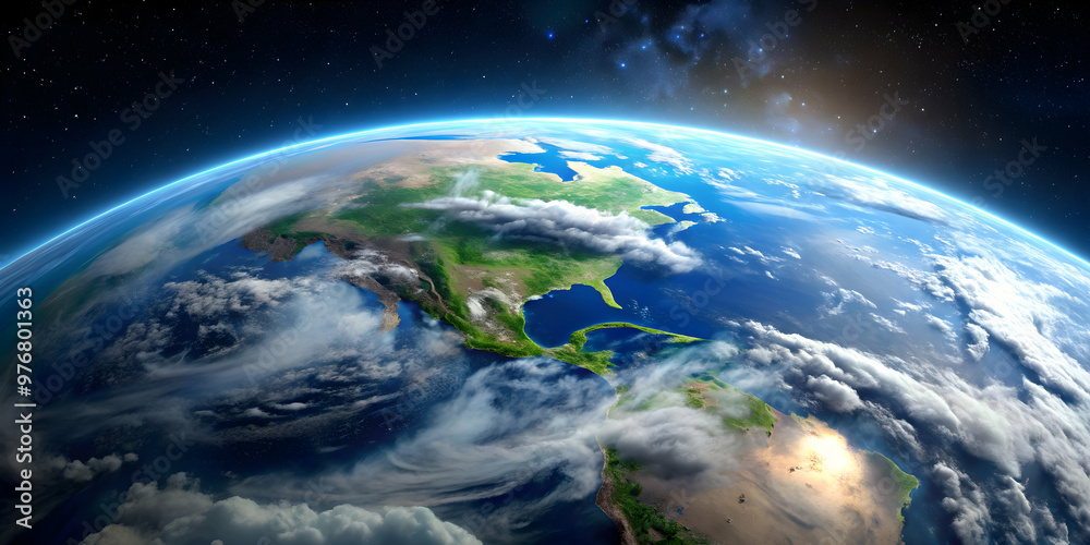Obraz premium Planet Earth seen from orbit, showing clouds, oceans, and land masses, earth, space, orbit, planet, globe
