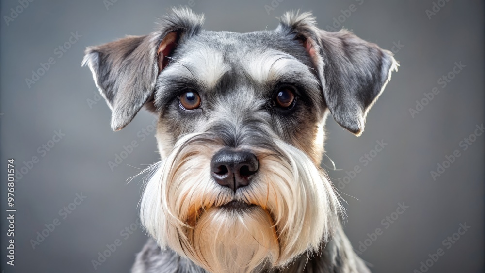 This adorable parti schnauzer's face is a study in contrasts, with white eyebrows framing a warm, salt-and-pepper This adorable parti schnauzer's face is a study in contrasts, with white eyebrows framing a warm, salt-and-pepper