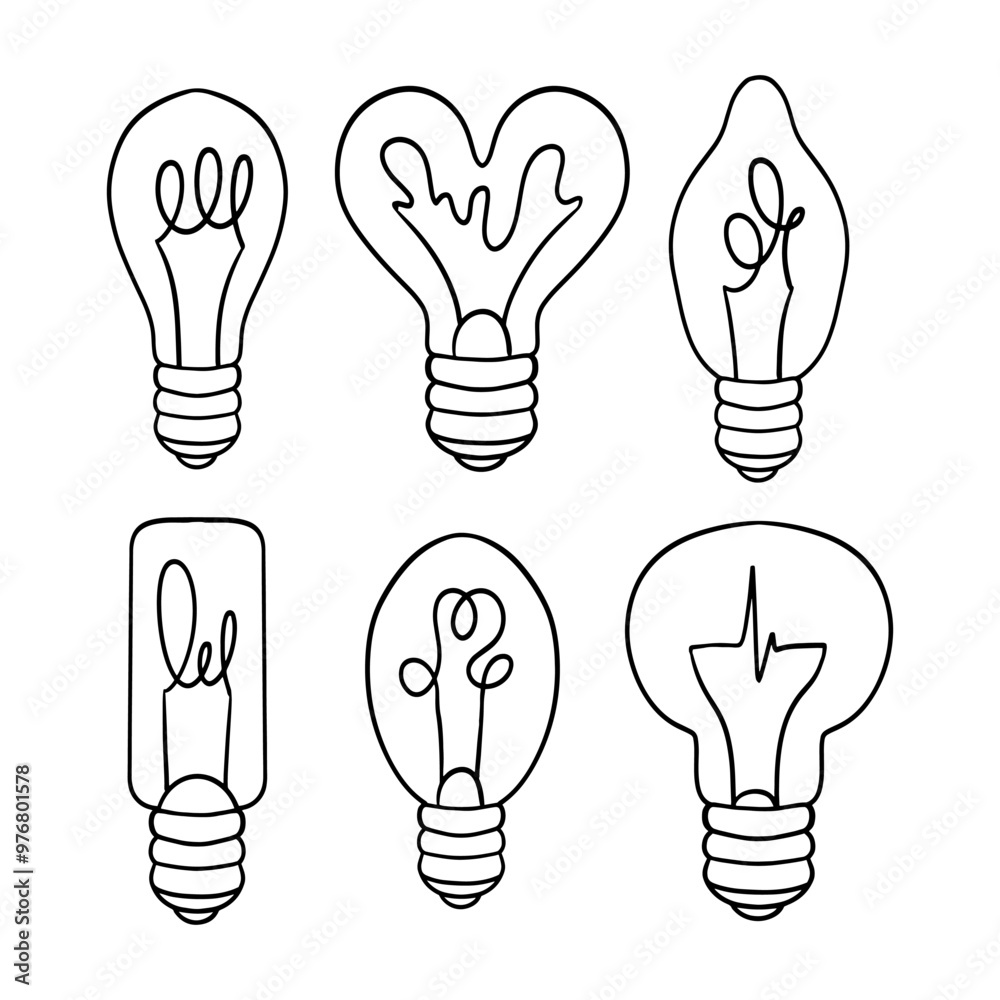 Doodle sketch of a light bulb. Light bulb different shapes. Vector illustration Doodle sketch of a light bulb. Light bulb different shapes. Vector illustration