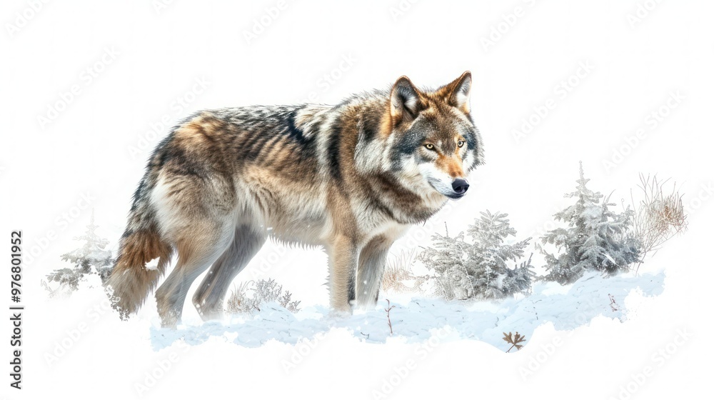 Fototapeta premium A wolf in a snowy landscape isolated on a transparent background.