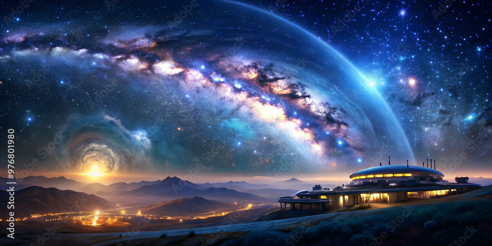 Galactic space colony underneath a glowing night sky filled with a galaxy , futuristic, , science fiction, cityscape Galactic space colony underneath a glowing night sky filled with a galaxy , futuristic, , science fiction, cityscape