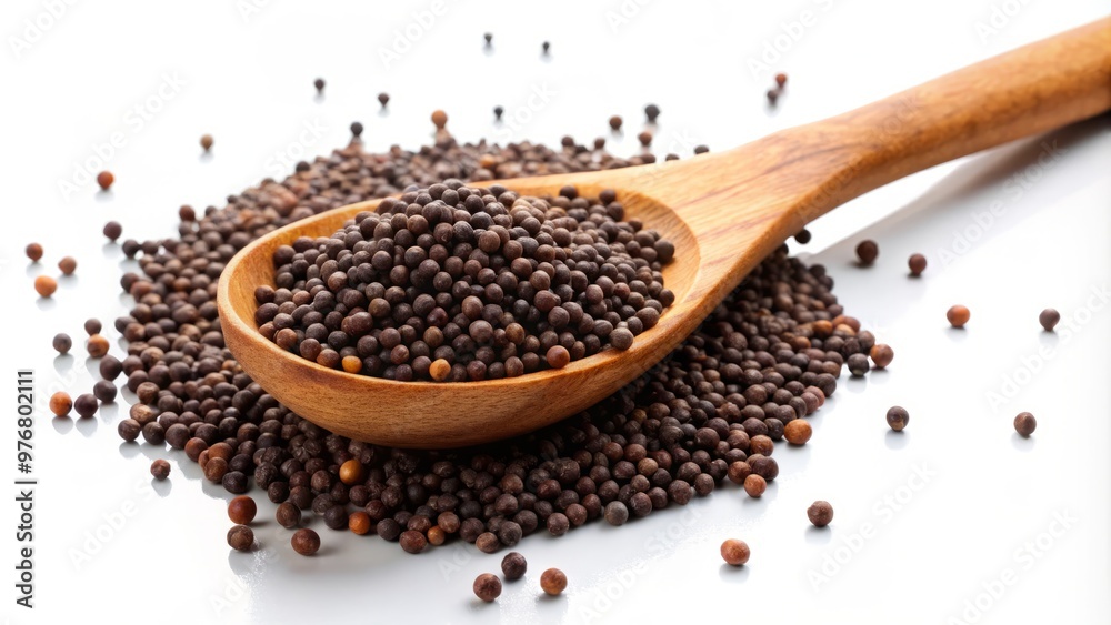 Tiny, round black mustard seeds tumble out of a worn wooden spoon, scattering across the pristine white countertop Tiny, round black mustard seeds tumble out of a worn wooden spoon, scattering across the pristine white countertop