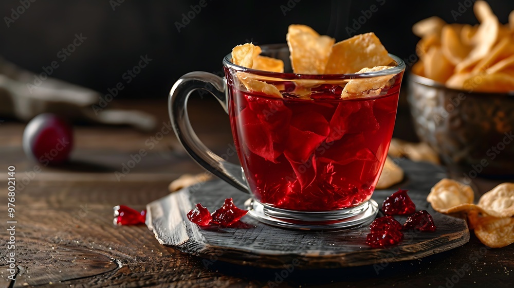 A half mug of plum jelly and some crisps for soaking A half mug of plum jelly and some crisps for soaking