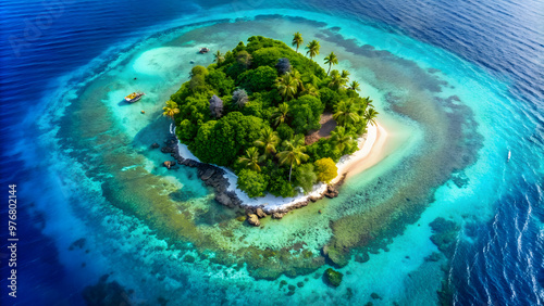 Aerial top view of a tropical island surrounded by vibrant blue water in the sea, tropical, island, aerial view, blue water
