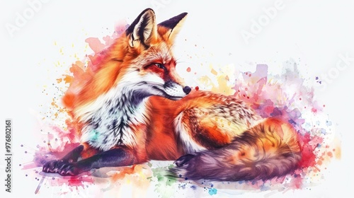 A watercolor fox with vibrant colors isolated on a transparent background. photo