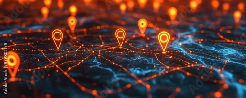 Satellite View of Rural Landscape with Digital Map and Location Pins.