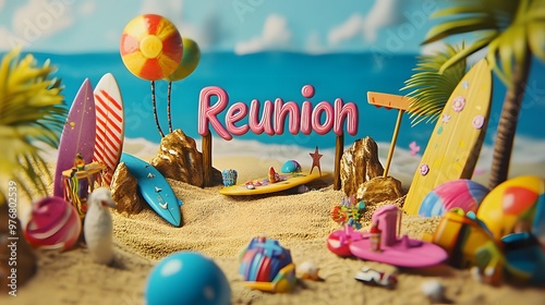 Text "Reunion" in playful, 3D-style letters, surrounded by a lively beach party scene with surfboards and beach balls, bright, sunny lighting with detailed textures of sand and sea, fun and vibrant