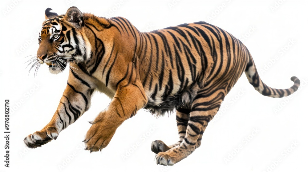 Obraz premium A Sumatran tiger in mid-stride isolated on a transparent background.