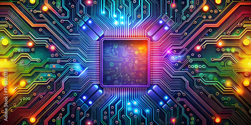 Computer circuit board background with intricate patterns and colorful components, technology, electronics