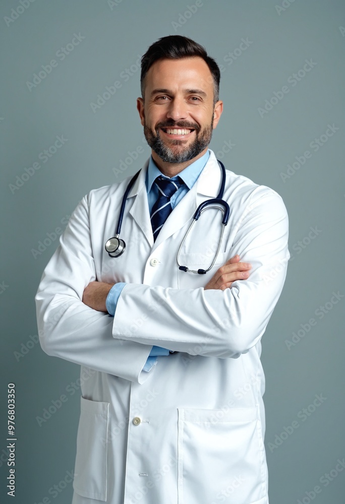 A confident doctor standing with his arms crossed against a blue background A confident doctor standing with his arms crossed against a blue background