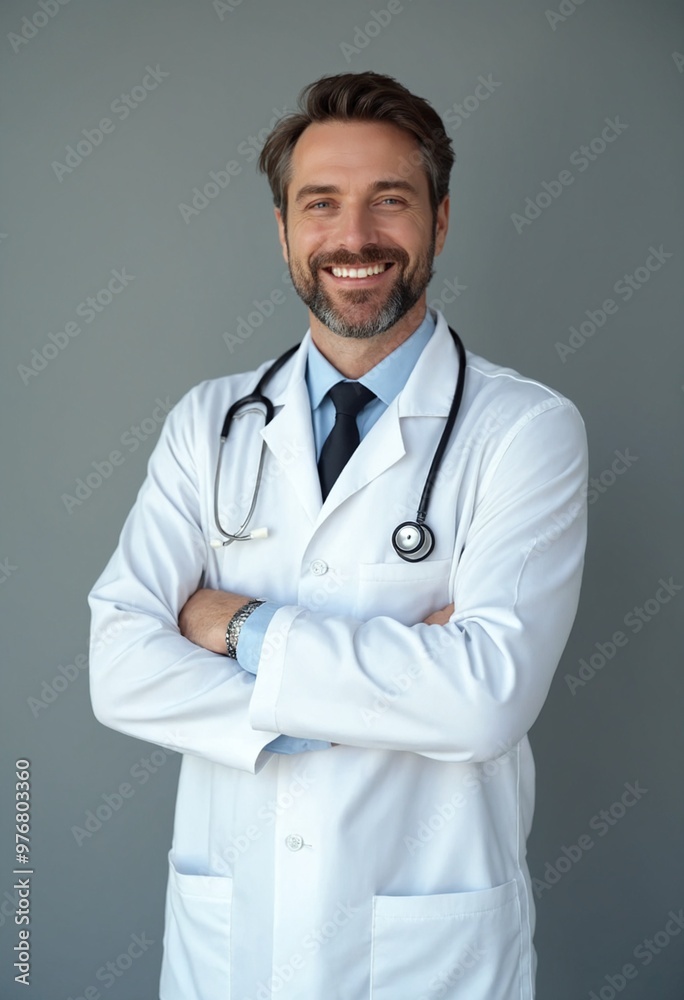 A confident doctor standing with his arms crossed against a blue background A confident doctor standing with his arms crossed against a blue background