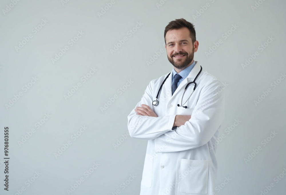 A confident doctor standing with his arms crossed against a blue background A confident doctor standing with his arms crossed against a blue background