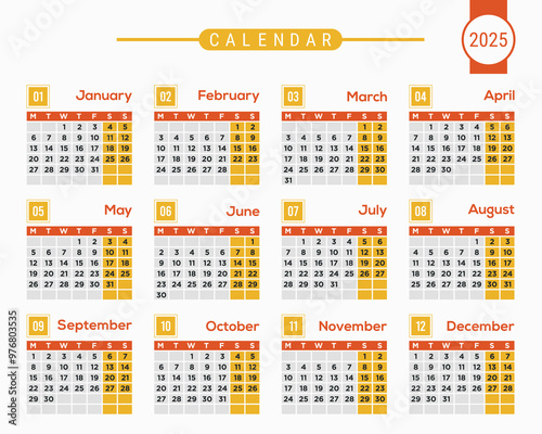 Landscape yellow vector calendar 2025. Week starts on monday.