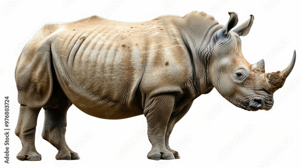 Fototapeta premium A rhinoceros with its head turned isolated on a transparent background.