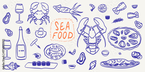 Sea Food with white wine with glasses doodle line art Illustration for placard, poster, menu and package design . Hand Drawn oysters, mussels, shrimps, octopus vector ink, crayon or chalk drawing.