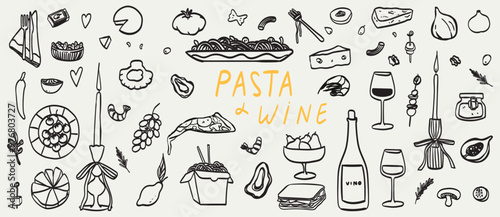 Minimalist hand drawn food and drinks vector illustration collection. Art for greeting cards, wedding invitations, poster design, postcards, branding, logo. Different mediterranean wine and pasta set.