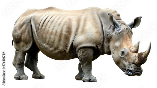 A rhinoceros with its head turned isolated on a transparent background.