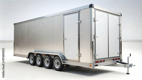 A detailed description of a trailer used for transporting goods or luggage, transport, hitch, cargo, haul, tow photo