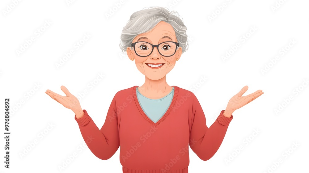 Cheerful elderly woman with gray hair smiles and gestures with hands, showcasing warmth and approachability. Cheerful elderly woman with gray hair smiles and gestures with hands, showcasing warmth and approachability.