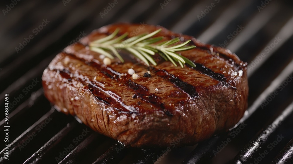 A close-up of a perfectly grilled steak sizzling on the barbecue, with grill marks and a sprig of rosemary for garnish, ready to be served. A close-up of a perfectly grilled steak sizzling on the barbecue, with grill marks and a sprig of rosemary for garnish, ready to be served.