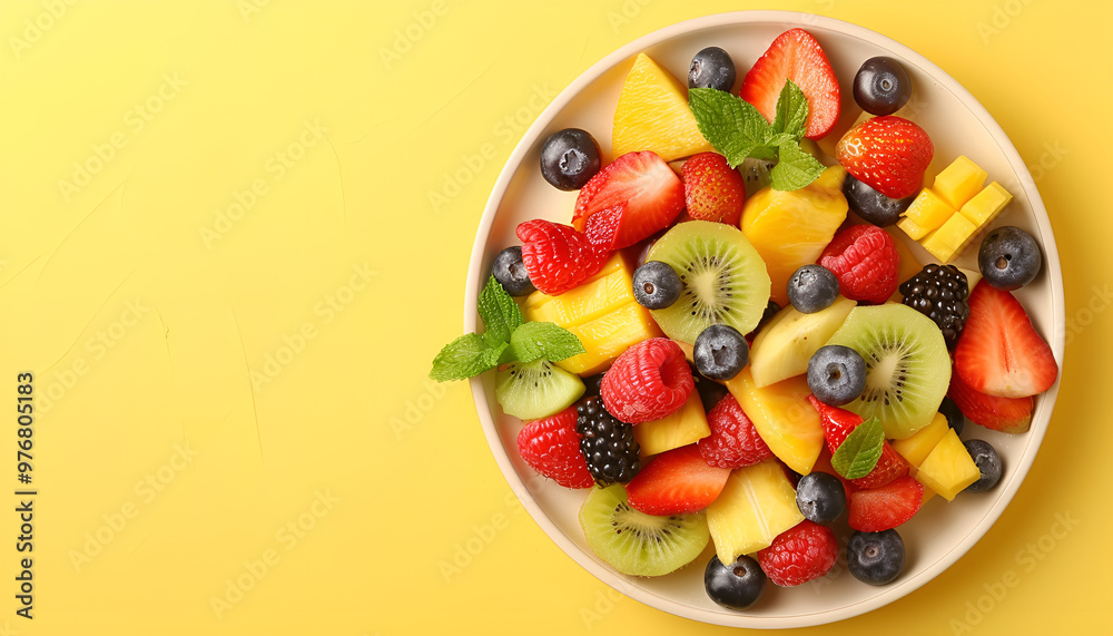 Plate of yummy fruit salad on yellow background, top view. Space for text Plate of yummy fruit salad on yellow background, top view. Space for text